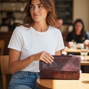 Vtg Sunco Genuine Eel Skin Clutch Burgundy Fold Over Purse Chevron 70s Korea